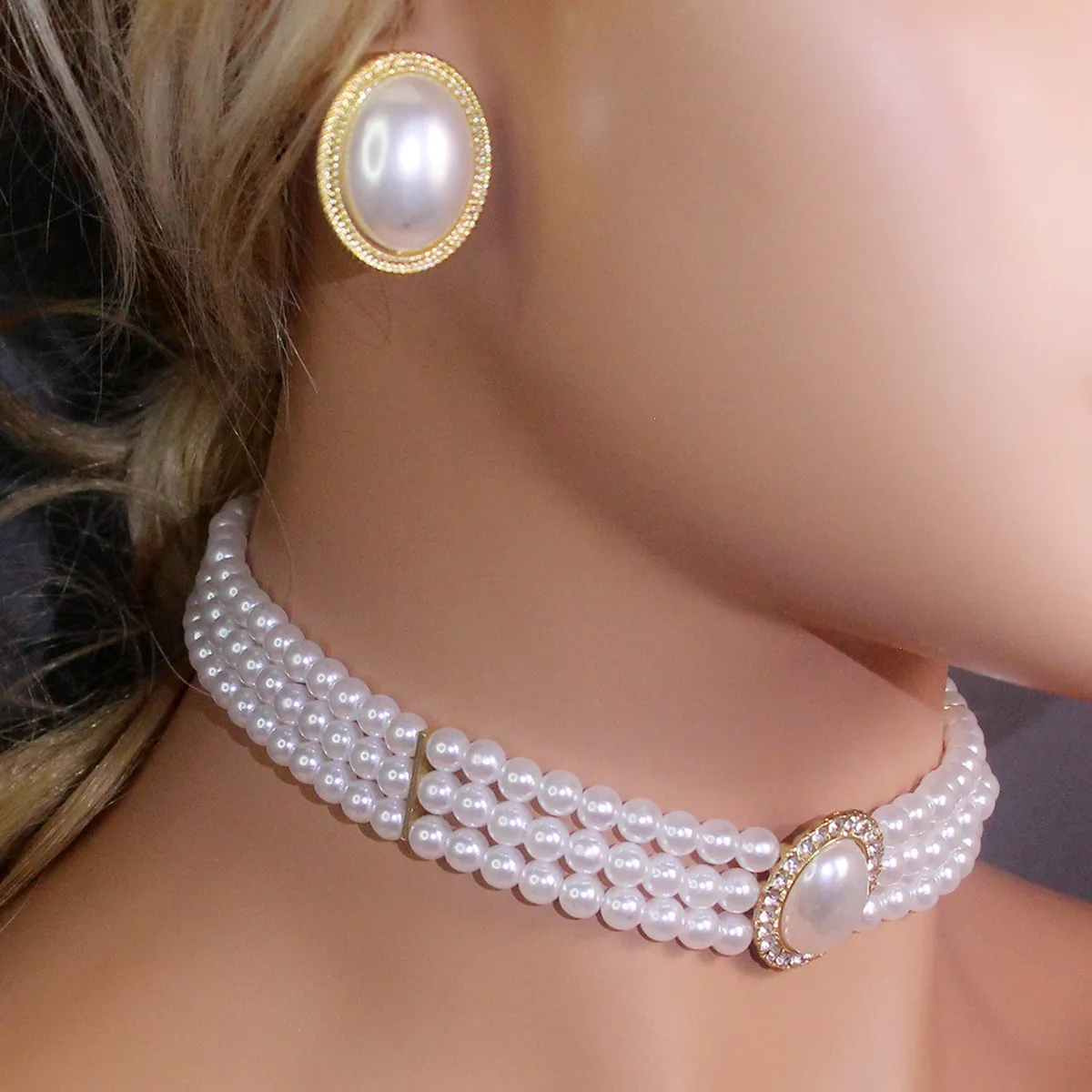 Women Fashion Exaggerated Elegant Pearl Multi-Layer Necklace Earrings Two-Piece Set