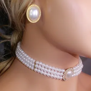 Women Fashion Exaggerated Elegant Pearl Multi-Layer Necklace Earrings Two-Piece Set