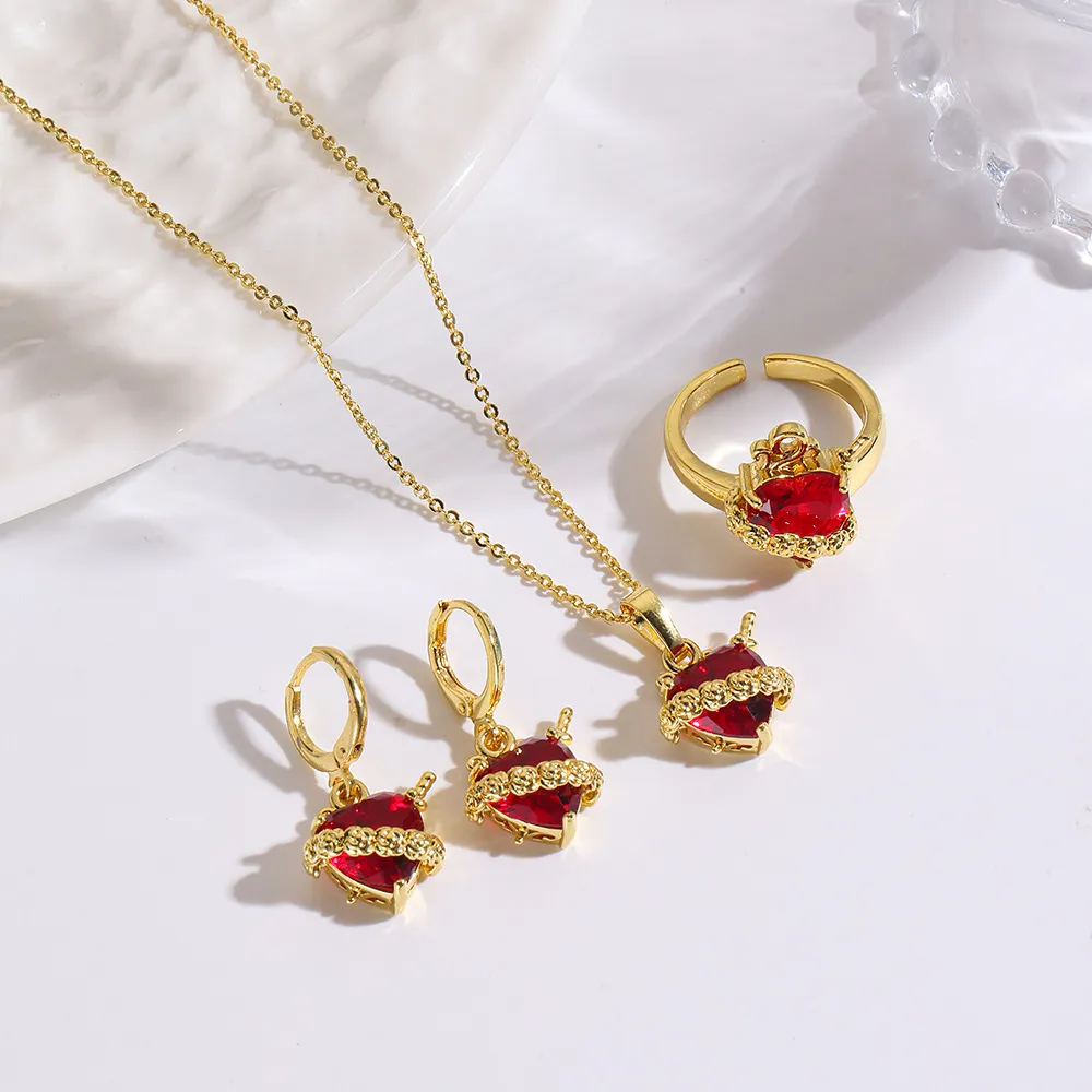 Women Fashion Retro Copper Arrow Through Heart Red Love Necklace Earrings Ring Three-Piece Set