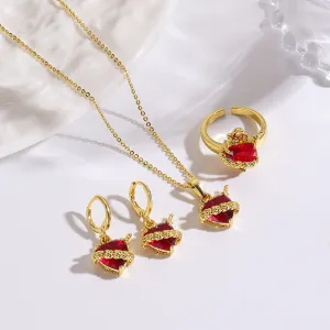 Women Fashion Retro Copper Arrow Through Heart Red Love Necklace Earrings Ring Three-Piece Set