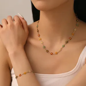 Women Fashion Fresh Floral Daisy Titanium Steel Necklace Bracelet Two-Piece Set