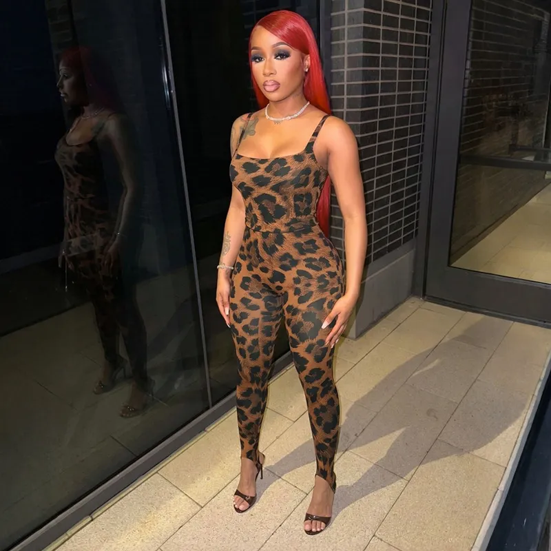 Women Fashion Sexy Summer Leopard Printed Sleeveless Bodysuits Tight Pants Two-Piece Set