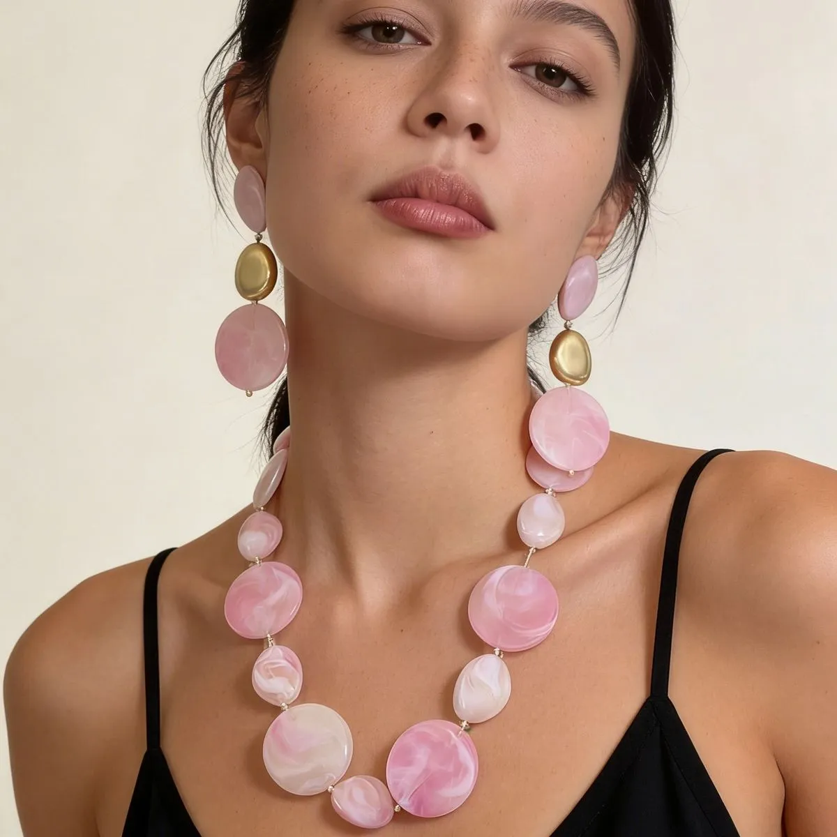 Women's Simple Exaggerated Geometric Pink Beaded Earrings Necklace Jewelry Two-Piece Set