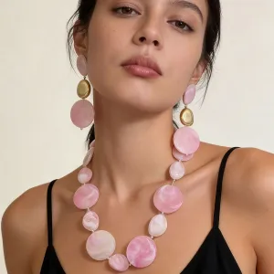 Women's Simple Exaggerated Geometric Pink Beaded Earrings Necklace Jewelry Two-Piece Set