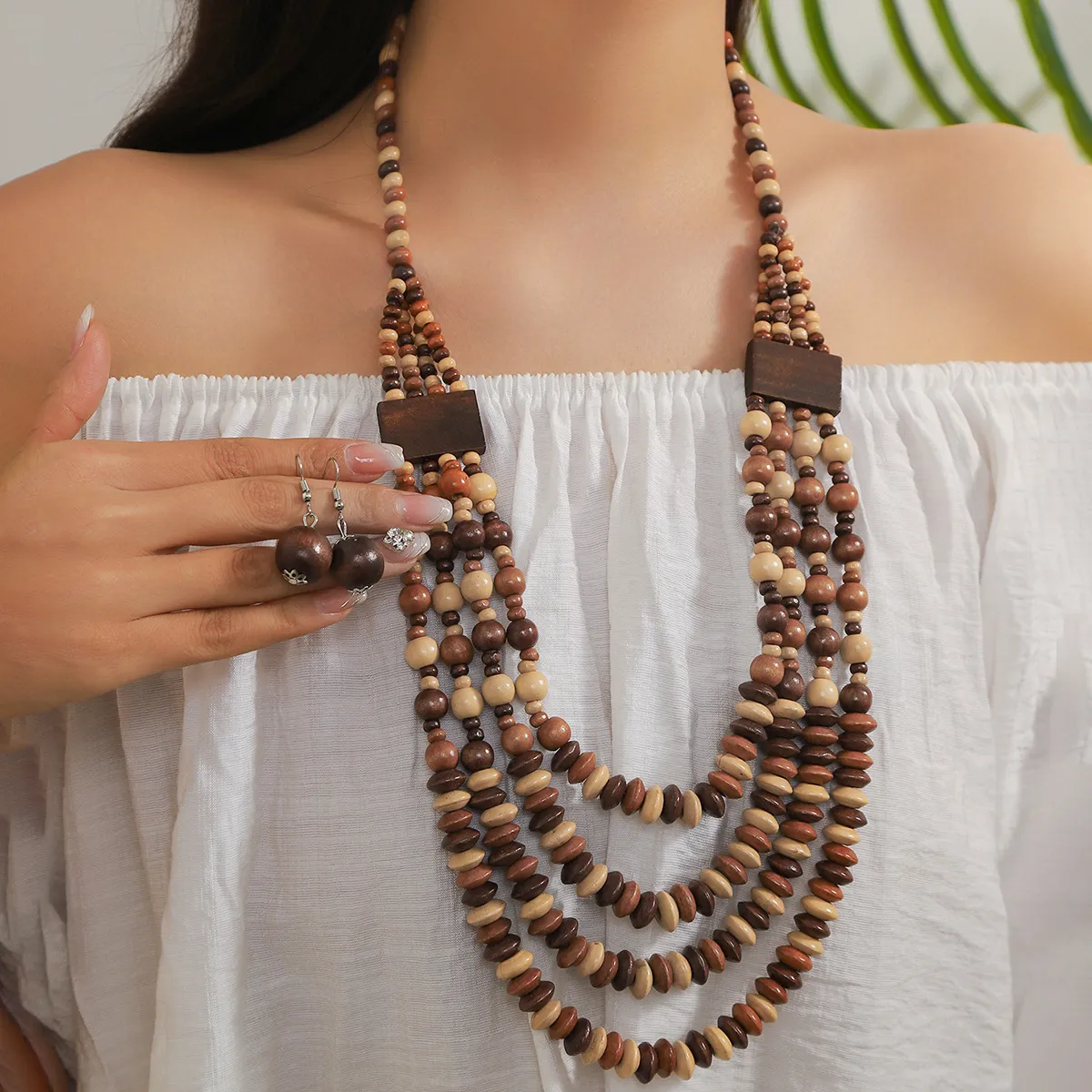 Women Fashion Retro Multicolor Boho Large Round Beaded Multi-Layer Necklace Earring Jewelry Two-Piece Set