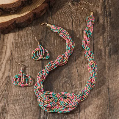 Women Fashion Retro Multicolor Boho Large Round Beaded Multi-Layer Necklace Earring Jewelry Two-Piece Set