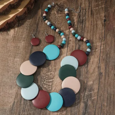 Women Fashion Retro Multicolor Boho Large Round Beaded Multi-Layer Necklace Earring Jewelry Two-Piece Set
