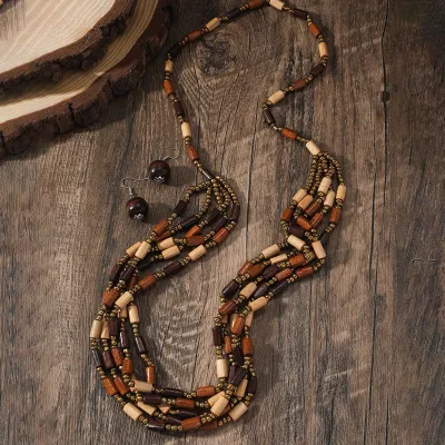 Women Fashion Retro Multicolor Boho Large Round Beaded Multi-Layer Necklace Earring Jewelry Two-Piece Set