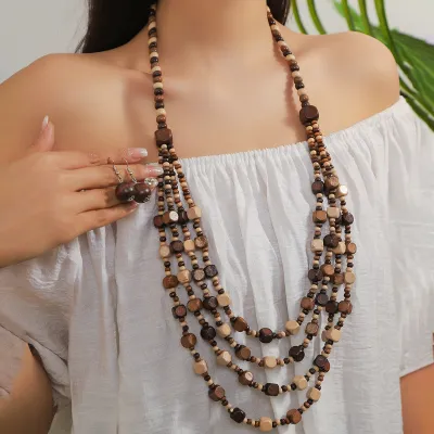 Women Fashion Retro Multicolor Boho Large Round Beaded Multi-Layer Necklace Earring Jewelry Two-Piece Set