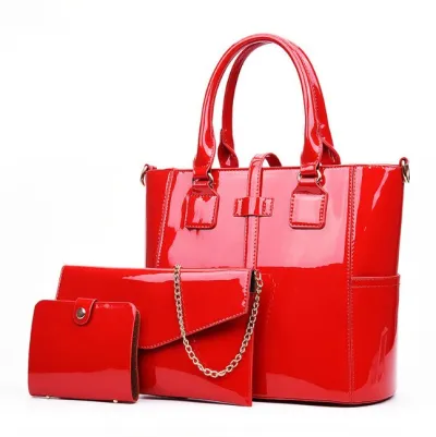 Women Fashion Casual Solid Color Patent Leather Handbag Three-Piece Bag Set