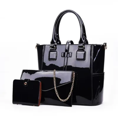 Women Fashion Casual Solid Color Patent Leather Handbag Three-Piece Bag Set