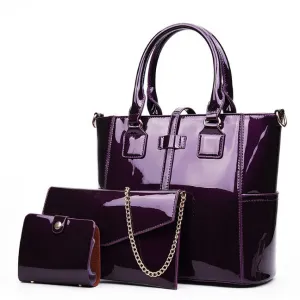 Women Fashion Casual Solid Color Patent Leather Handbag Three-Piece Bag Set