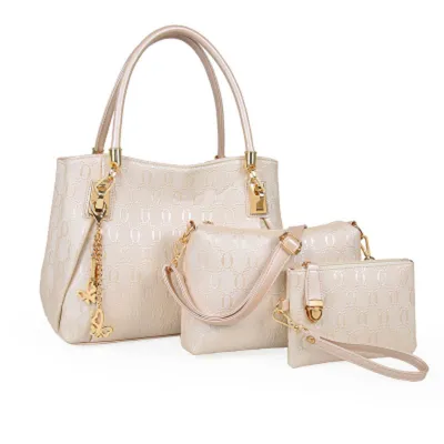 Women Fashion Casual Solid Color Embossed PU Handbag Three-Piece Bag Set with Zipper