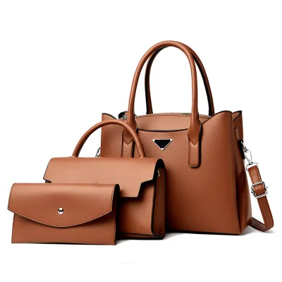 Women's Fashion Casual Solid Color Large Capacity Genuine Leather Handbag Three-Piece Set