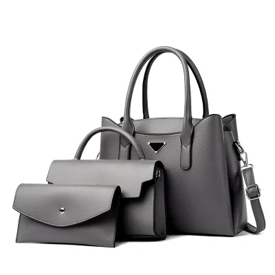 Women's Fashion Casual Solid Color Large Capacity Genuine Leather Handbag Three-Piece Set