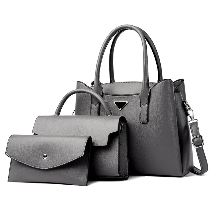 Women's Fashion Casual Solid Color Large Capacity Genuine Leather Handbag Three-Piece Set