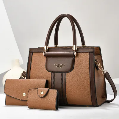 Women Fashion Casual Color Block Handbag PU Three-Piece Bag Set
