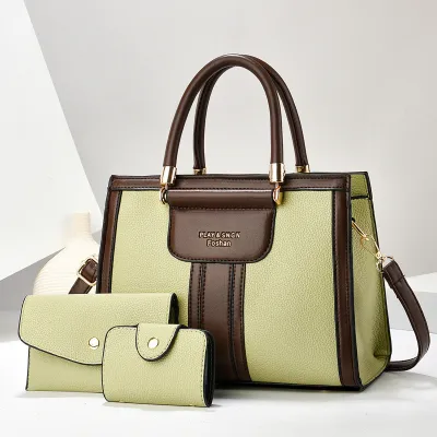 Women Fashion Casual Color Block Handbag PU Three-Piece Bag Set