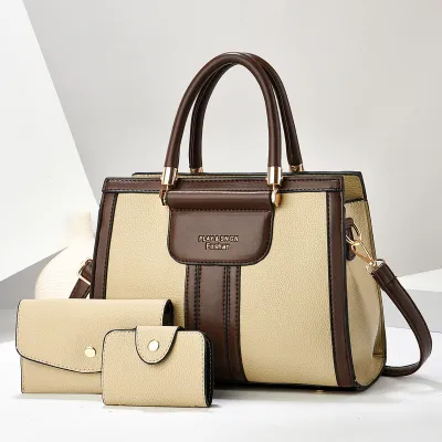 Women Fashion Casual Color Block Handbag PU Three-Piece Bag Set