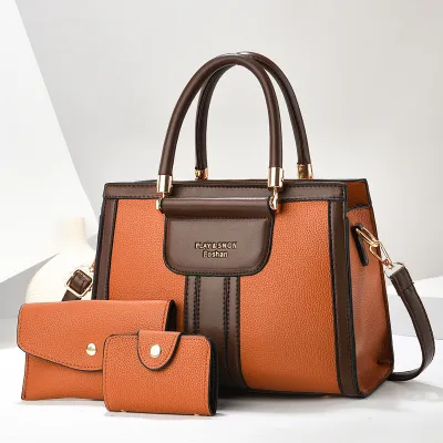 Women Fashion Casual Color Block Handbag PU Three-Piece Bag Set