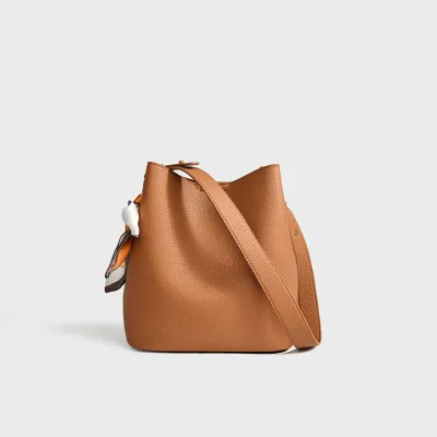 Women Fashion Casual Solid Color Soft Genuine Leather Bucket Shoulder Bag Two-Piece Set