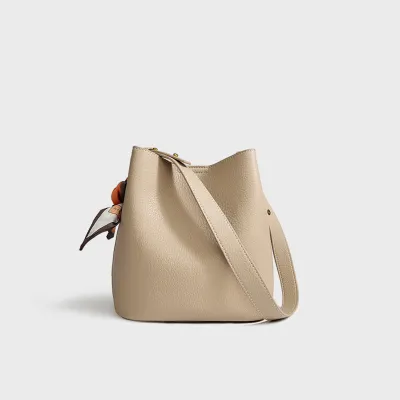 Women Fashion Casual Solid Color Soft Genuine Leather Bucket Shoulder Bag Two-Piece Set