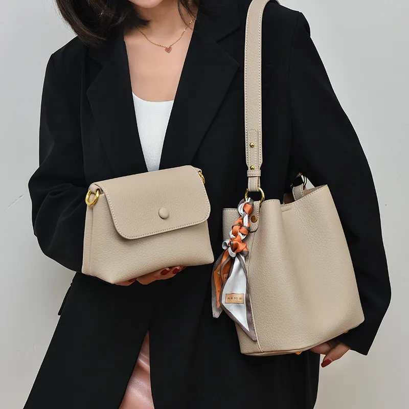 Women Fashion Casual Solid Color Soft Genuine Leather Bucket Shoulder Bag Two-Piece Set