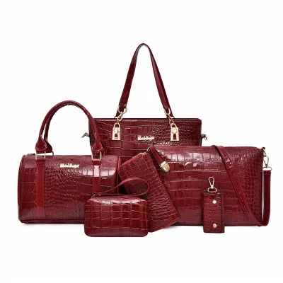 Women Fashion Casual Retro Crocodile Pattern Large Capacity PU Shoulder Bag Six-Piece Set