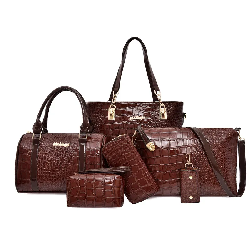 Women Fashion Casual Retro Crocodile Pattern Large Capacity PU Shoulder Bag Six-Piece Set