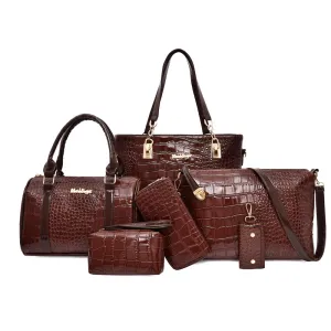 Women Fashion Casual Retro Crocodile Pattern Large Capacity PU Shoulder Bag Six-Piece Set