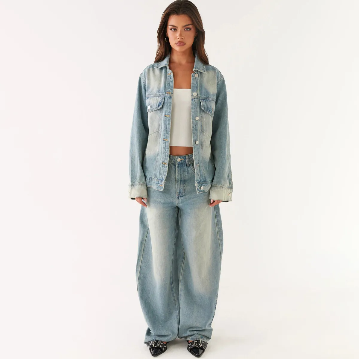Women Fashion Casual Lapel Long-Sleeve Denim Jacket Straight Jeans Denim Two-Piece Set