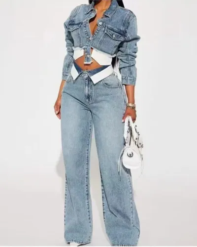 Women Fashion Casual Stitching Pocket Laple Long-Sleeve Jacket Straight Jeans Denim Two-Piece Set