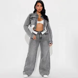 Women Fashion Casual Stitching Pocket Laple Long-Sleeve Jacket Straight Jeans Denim Two-Piece Set