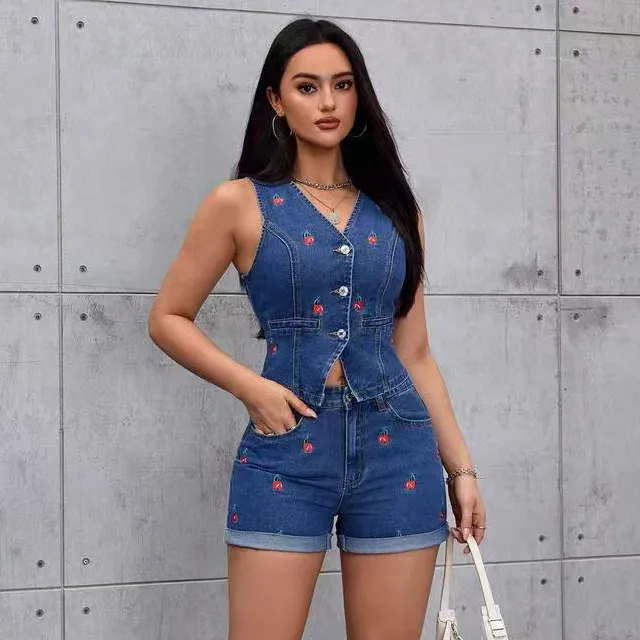 Women Fashion Casual Washed Cherry Embroidered Sleeveless V-Neck Vest Shorts Denim Two-Piece Set