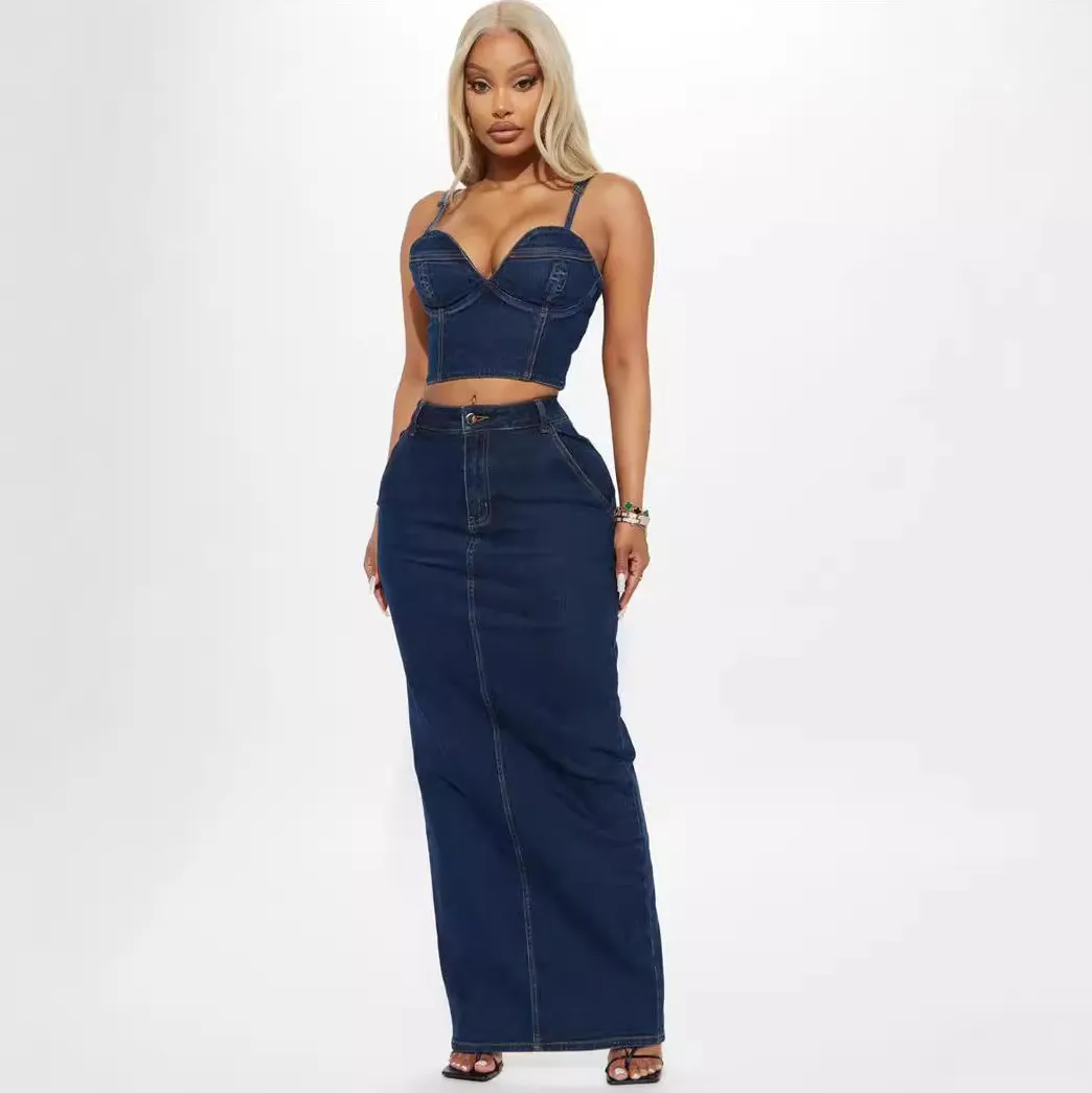 Women Fashion Sexy Solid Color Camisole Maxi Skirt Denim Two-Piece Set