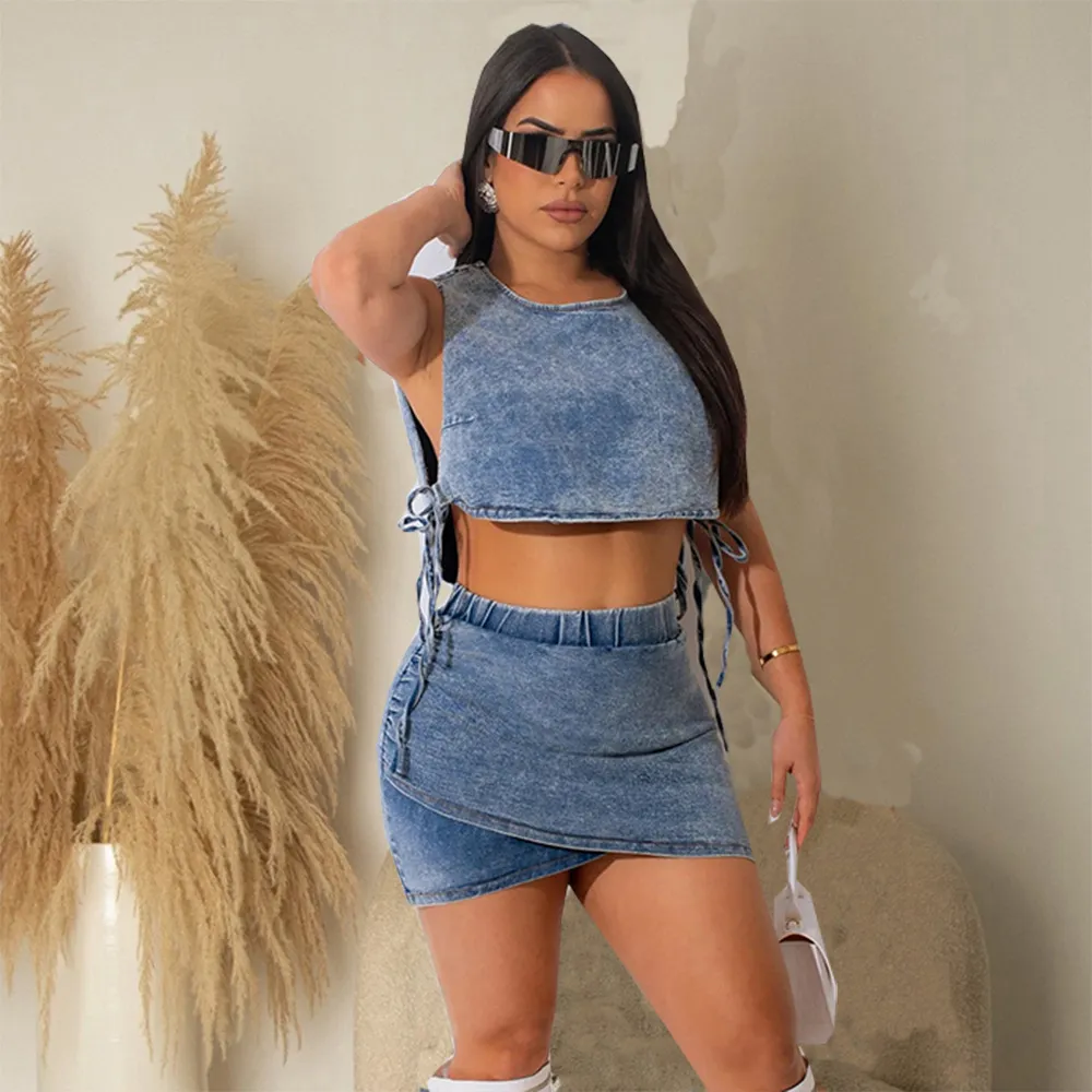 Women Fashion Sexy Denim Sleeveless Tank Top Tight Mini Skirt Two-Piece Set