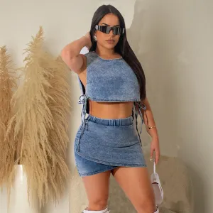Women Fashion Sexy Denim Sleeveless Tank Top Tight Mini Skirt Two-Piece Set