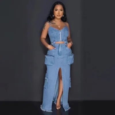 Women Fashion Sexy Zipper Strap Camisole Split Pocket Maxi Skirt Denim Two-Piece Set