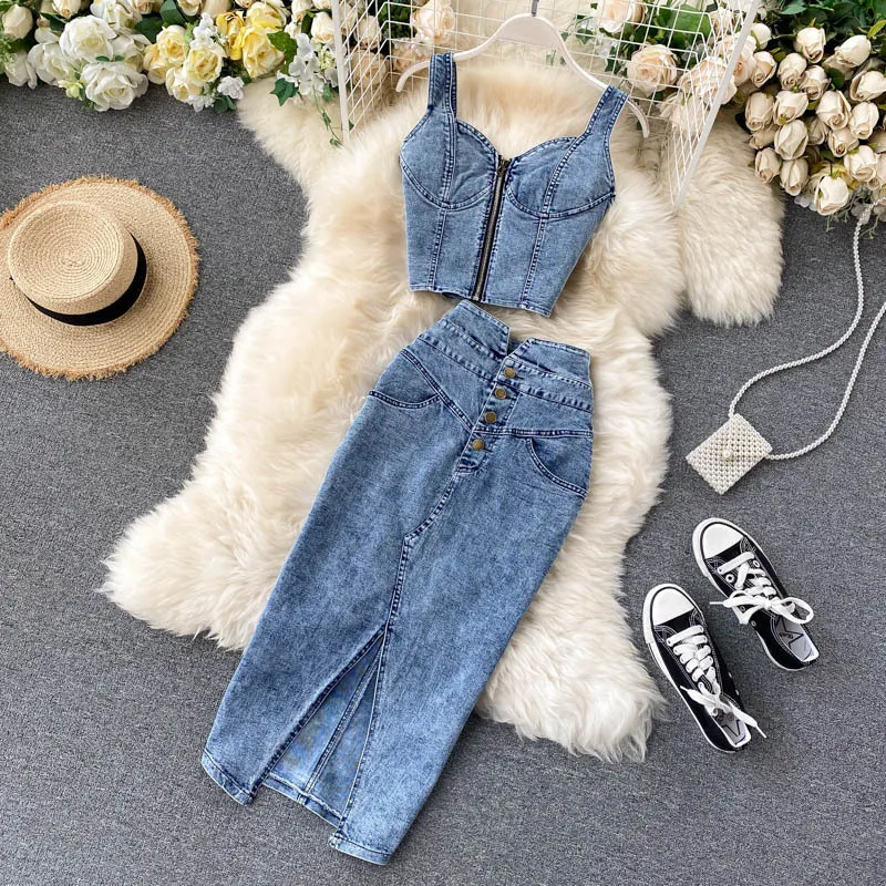 Women Fashion Sexy Summer Zipper Tank Top High Waist Split Maxi Skirt Denim Two-Piece Set