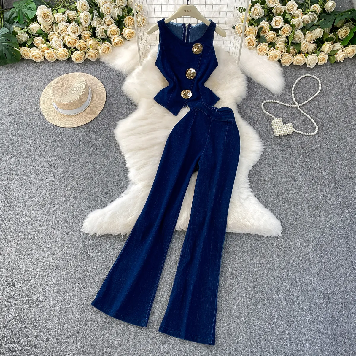 Women Fashion Elegant Metal Button Round Neck Sleeveless Vest High Waist Straight Jeans Denim Two-Piece Set