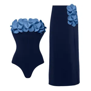 Women Fashion Sexy Flower Decoration One-Piece Swimsuit Maxi Skirts Two-Piece Set