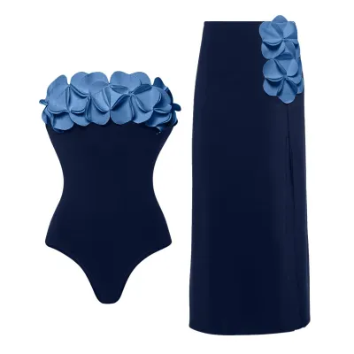 Women Fashion Sexy Flower Decoration One-Piece Swimsuit Maxi Skirts Two-Piece Set
