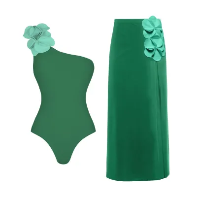 Women Fashion Sexy Flower Decoration One-Piece Swimsuit Maxi Skirts Two-Piece Set