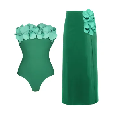 Women Fashion Sexy Flower Decoration One-Piece Swimsuit Maxi Skirts Two-Piece Set
