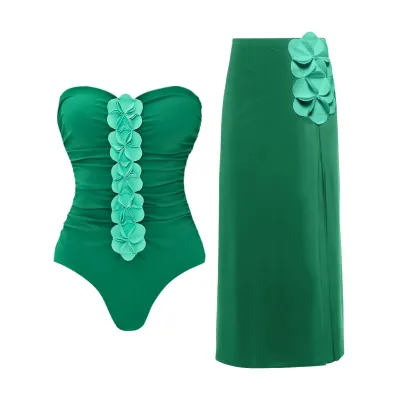 Women Fashion Sexy Flower Decoration One-Piece Swimsuit Maxi Skirts Two-Piece Set