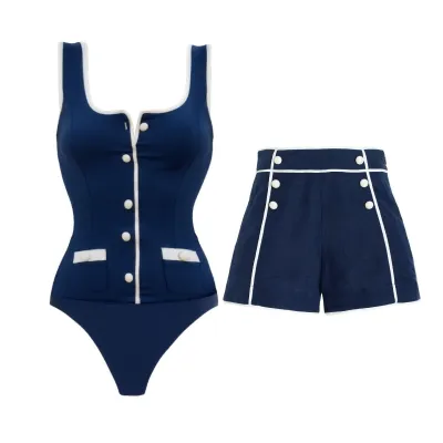 Women Fashion Sexy Color Block Navy One-Piece Swimsuit Shorts Two-Piece Set