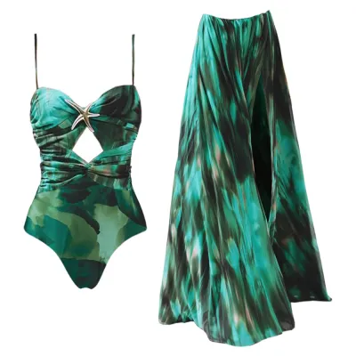 Women Fashion Sexy Print Metal Starfish Buckle One-Piece Swimsuit Split Maxi Skirt Two-Piece Set