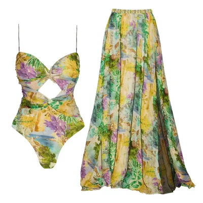 Women Fashion Sexy Print Metal Starfish Buckle One-Piece Swimsuit Split Maxi Skirt Two-Piece Set