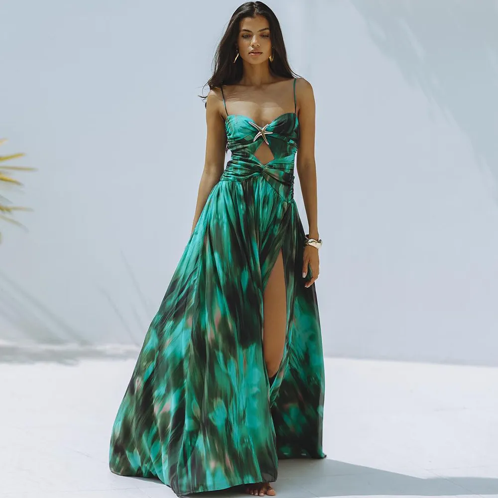 Women Fashion Sexy Print Metal Starfish Buckle One-Piece Swimsuit Split Maxi Skirt Two-Piece Set