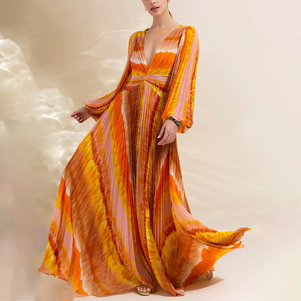 Women Fashion Sexy Printed V-Neck Long-Sleeve One-Piece Swimsuit Maxi Loose Skirt Two-Piece Set